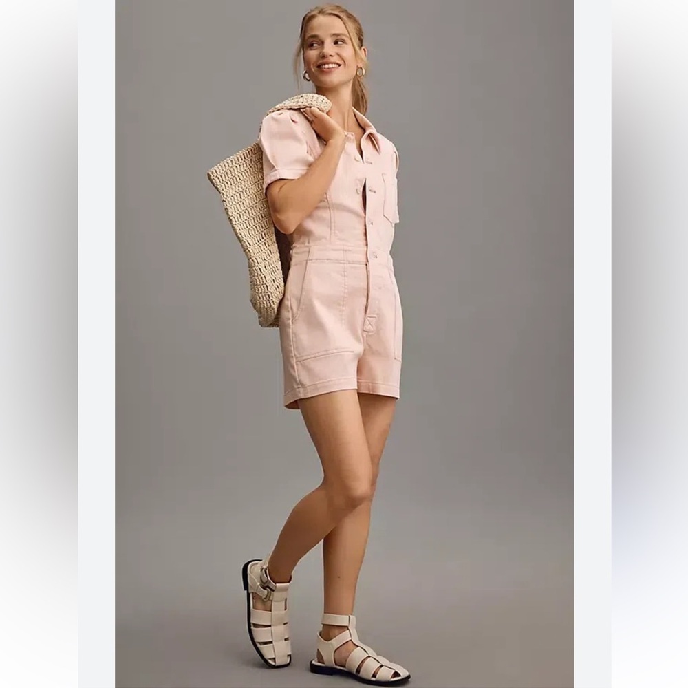 ANTHROPOLOGIE PILCRO PUFF SLEEVE PETAL PINK BUTTON FRONT ROMPER SIZE 8 - Picture 3 of 10
